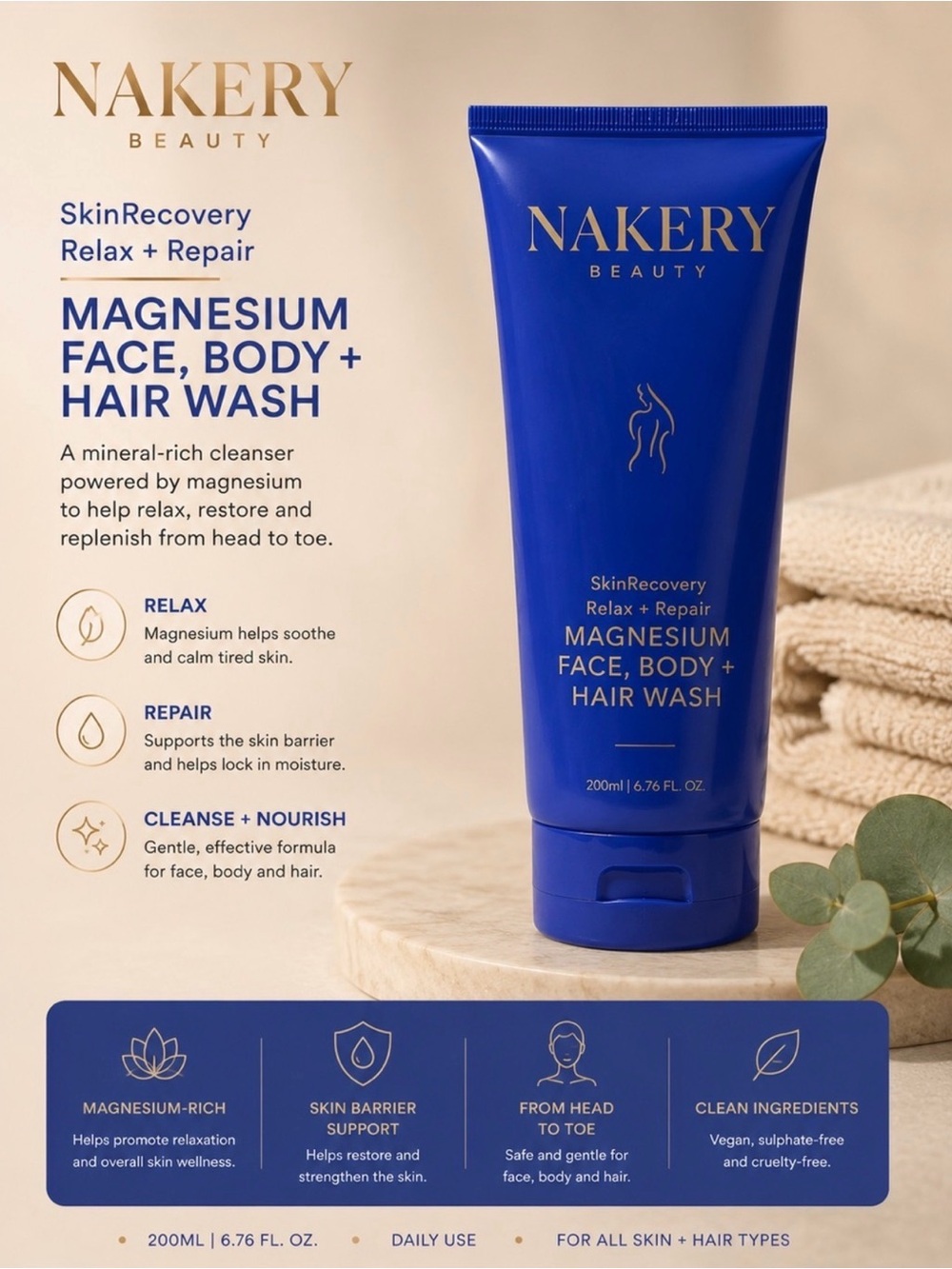 The Nakery Beauty SkinRecovery Relax Repair Magnesium Face,Body,&HairWash